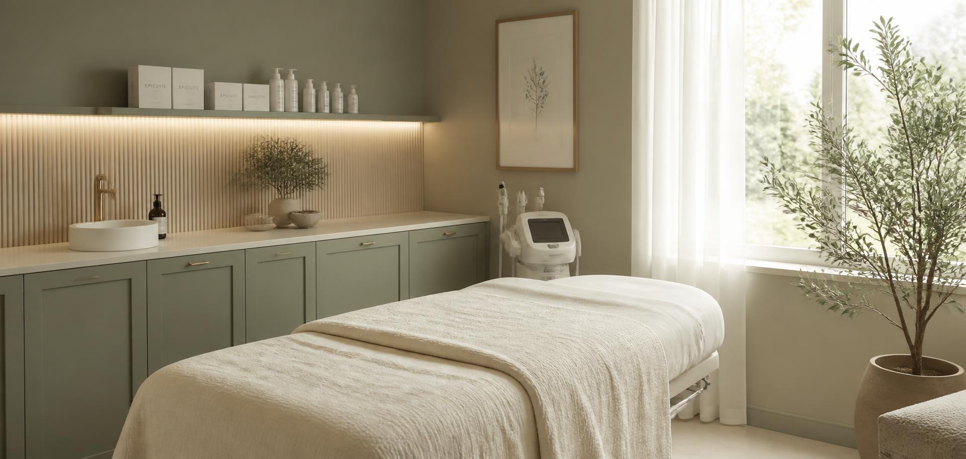 Private esthetician treatment suite in Forest Park, Georgia with natural light and sage green cabinetry