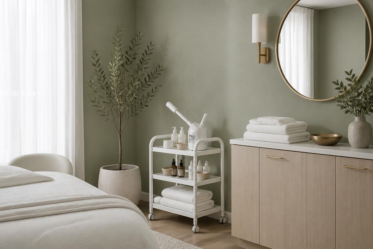Skincare treatment suite corner with esthetician cart, mirror, and folded towels in Forest Park, Georgia